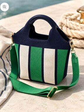 Striped Knit Top Handle w Navy Pouch